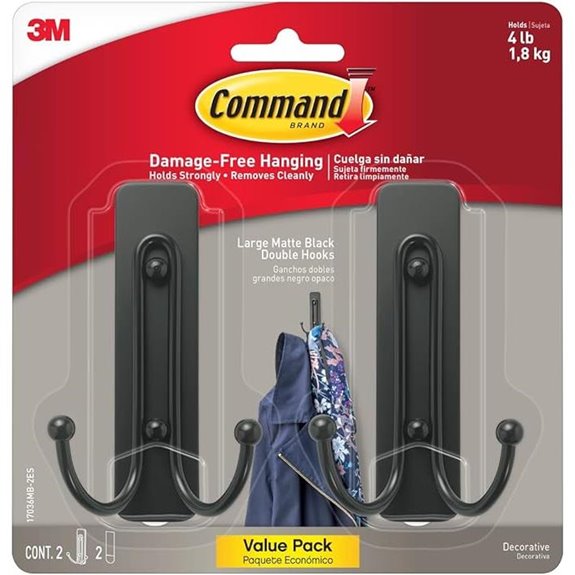 Command Double Matte Black Wall Hooks (2 Hooks)